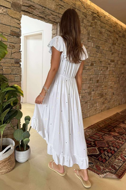 Made in Italy Forget Me Knots Bardot Shirring Dress White /15 =
